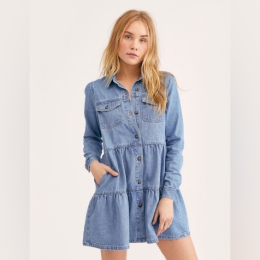 Free People Nicole Boho Babydoll Tiered Denim Mini Shirtdress